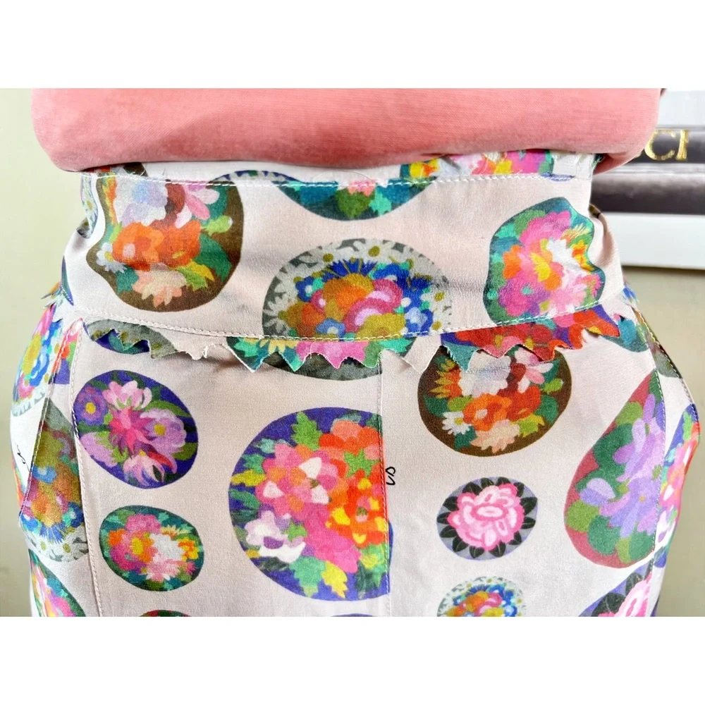 Fendi Colorful 100% Silk Midi Logo Skirt W/ Jagged Trim